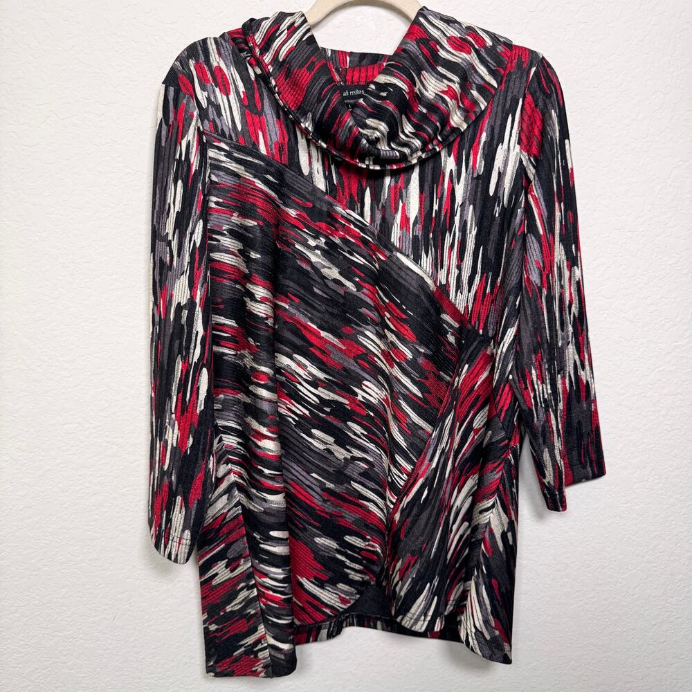 Ali Miles Womens Cowl Neck Blosue Top Size L Geo Print Office Artsy Classic Red